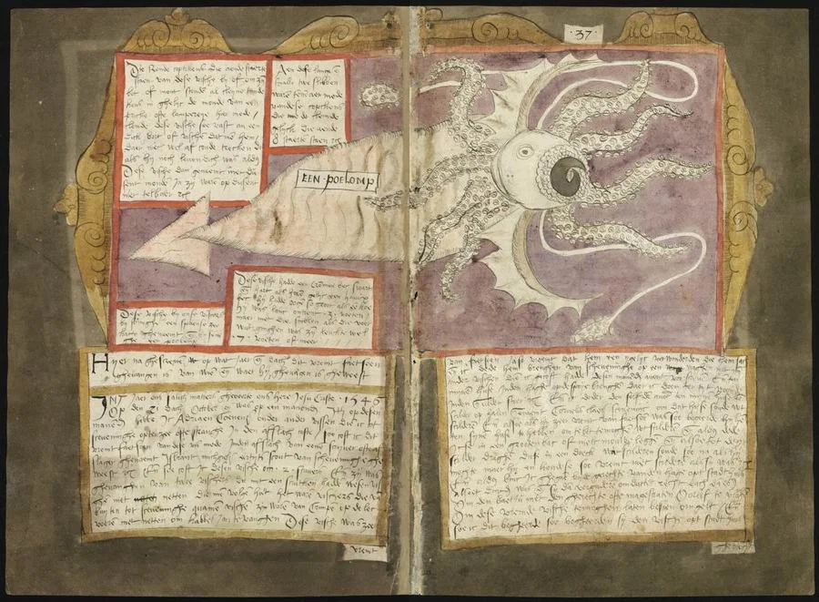Old manuscript spread with a large octopus illustration
