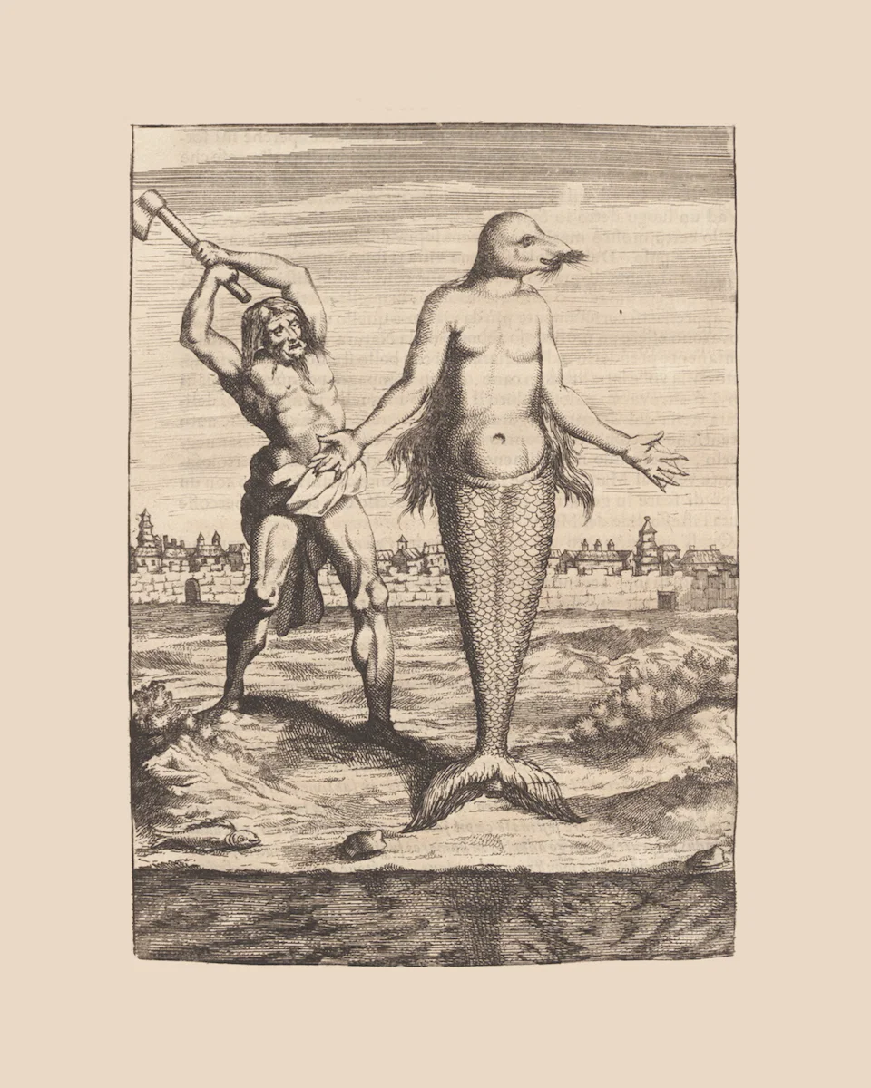 Old engraving of a hybrid fish-human figure